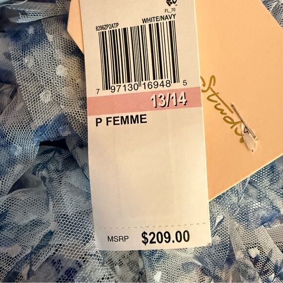 City Studios Juniors' Ruffled Off-The-Shoulder Corset Gown White/Navy Sz 13/14 - Picture 8 of 11